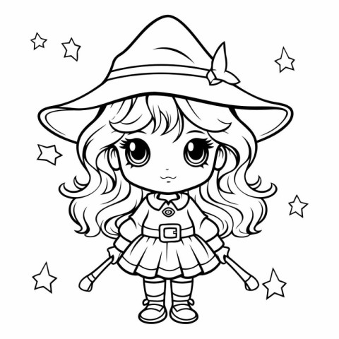 Black and White Cartoon Illustration of Cute Little Witch Girl C