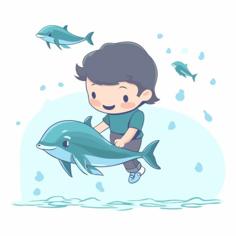 Boy playing with a dolphin in the sea. Cartoon vector illustrati