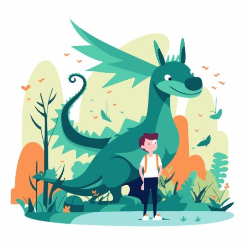 Boy with a dragon in the park in flat style