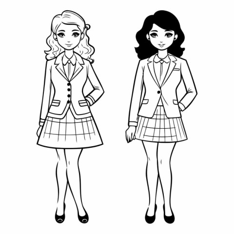 Beautiful fashion girls in school uniform. Black and white vecto