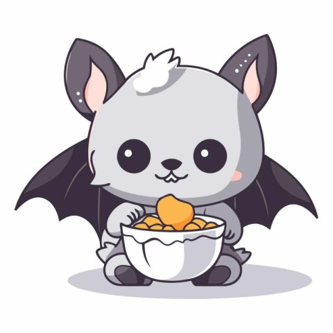 Cute bat with a bowl of food cartoon character vector illustrati