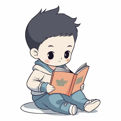 Illustration of a Little Boy Reading a Book While Sitting on the