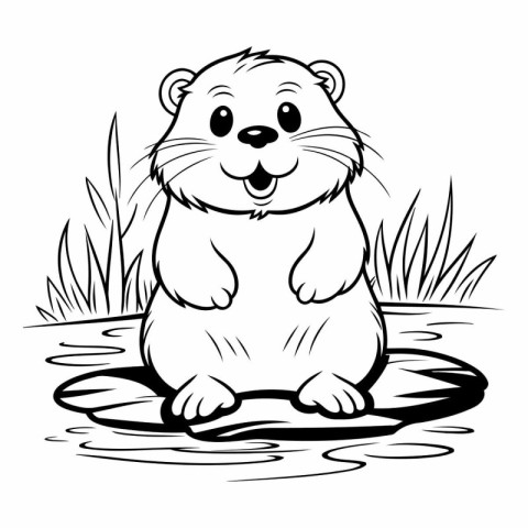 Cute hamster sitting in the water. Black and white vector illust