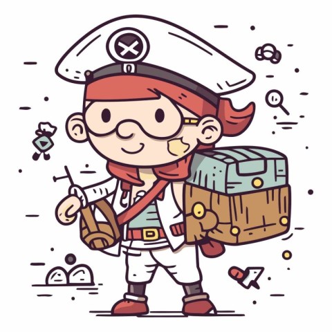 Sailor boy with treasure chest. Cute cartoon vector illustration