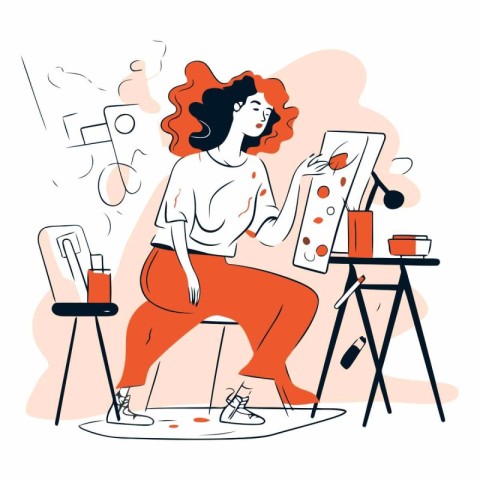 Young woman painting in her studio in cartoon style.