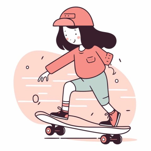 Cute girl riding skateboard in cartoon style.