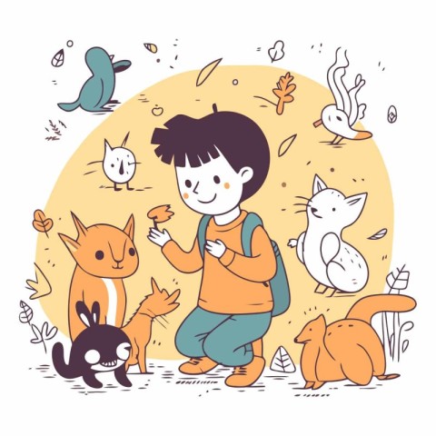 Vector illustration. Cute little boy playing with funny animals