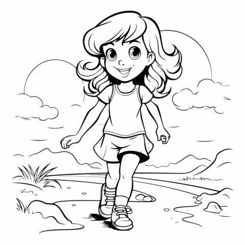 Little girl on the beach. Black and white vector illustration fo