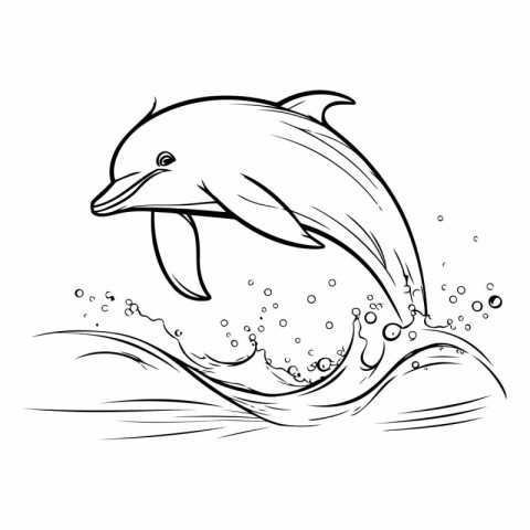 Dolphin jumping out of the water. Black and white vector illustr