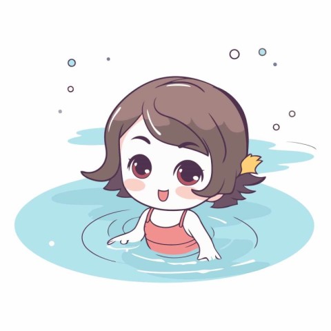 Cute little girl swimming in the pool. Cartoon vector illustrati