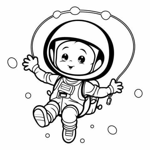 Cute little astronaut flying in space for coloring book.