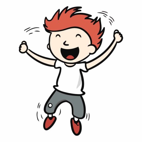 Cartoon happy boy jumping isolated on white background.