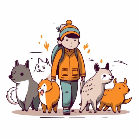 Vector illustration of a boy with a backpack and a group of dogs