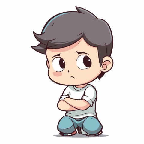 Sad boy with crossed arms on white background. Cartoon style.