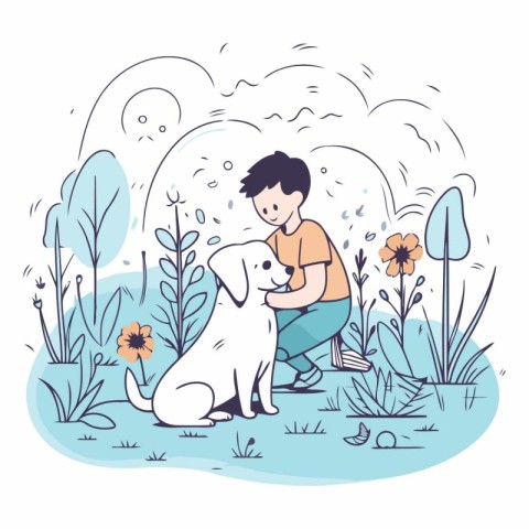 Vector illustration of a boy playing with a dog in the park.