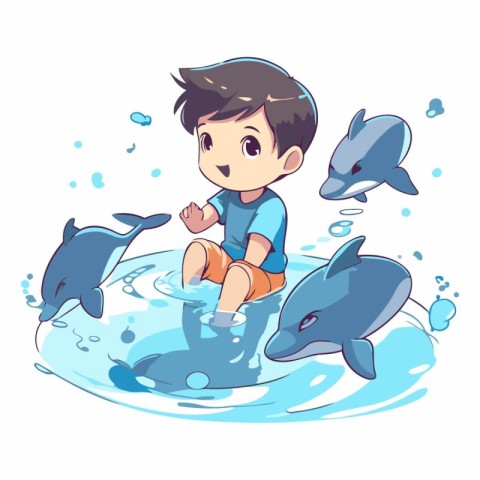 Cute boy playing with dolphins in the water.