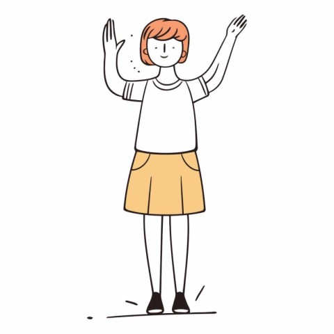 Young woman waving hand in doodle style.