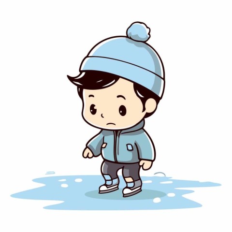 Cute little boy ice skating on ice. Vector cartoon illustration.