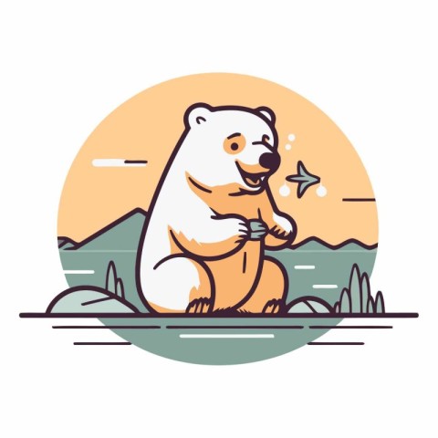 Polar bear sitting on a rock in flat style.