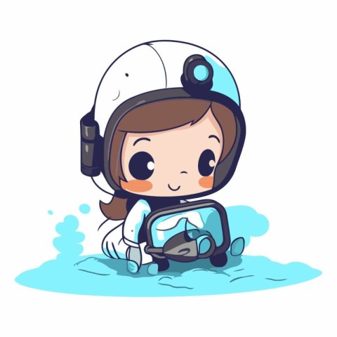 Cute little girl wearing spacesuit and diving helmet.