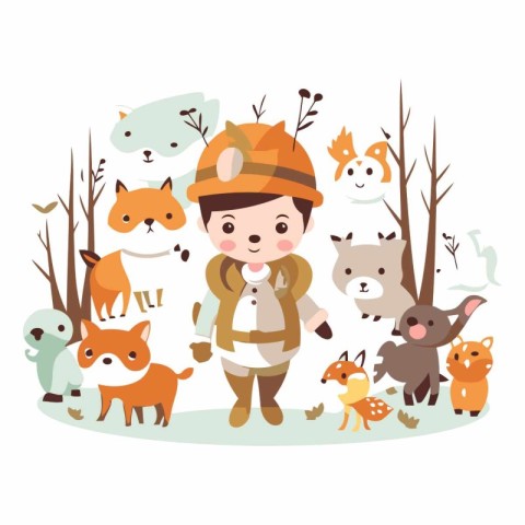 Vector illustration of cute cartoon boy in scout costume with an