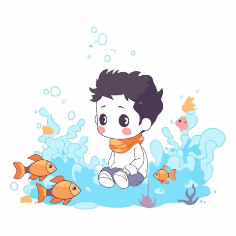 Cute little boy sitting in the water with fishes.