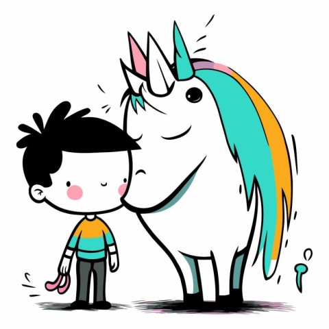 Little boy kissing a unicorn on a white background.