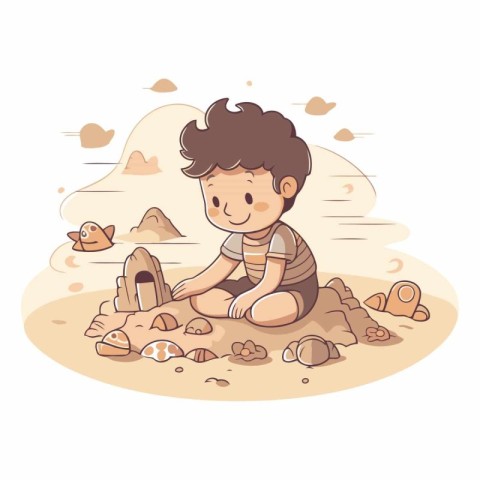 Cute cartoon boy playing with sand on the beach