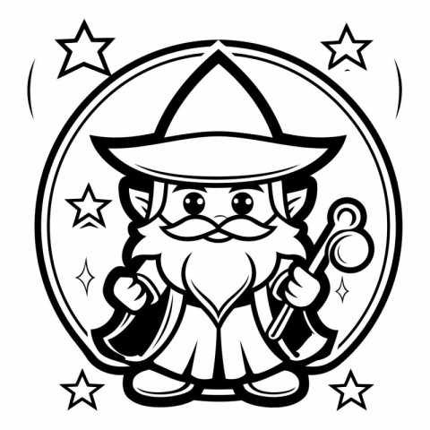 Black and White Cartoon Illustration of Cute Wizard or Leprechau