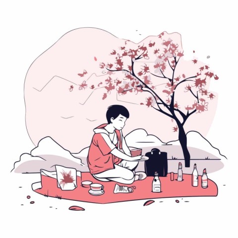 Vector illustration of a young man sitting on a picnic in the pa