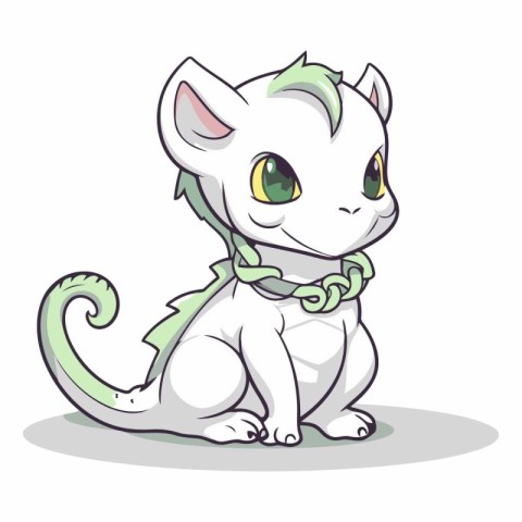 Cute cartoon cat with green eyes sitting on white background.