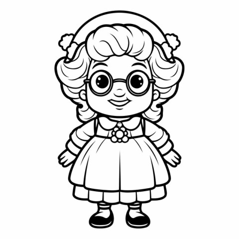 Black and White Cartoon Illustration of Cute Little Girl Charact