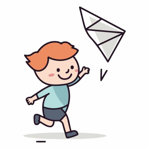 Cute little boy running with flying paper kite.