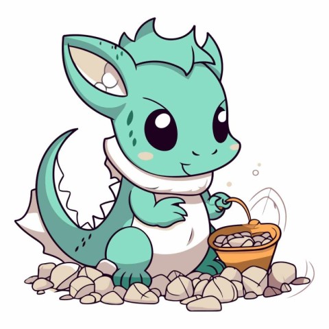 Cute little green dragon with a bucket of food.