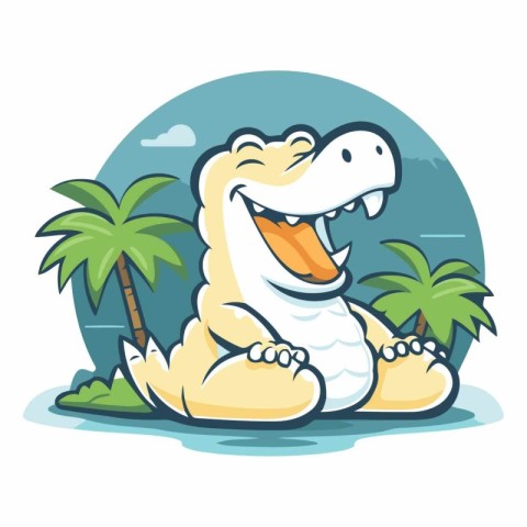 Crocodile sitting on the beach with palm trees vector illustrati