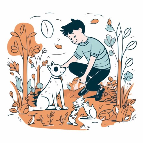 Man and his dog in the park. Hand drawn vector illustration.