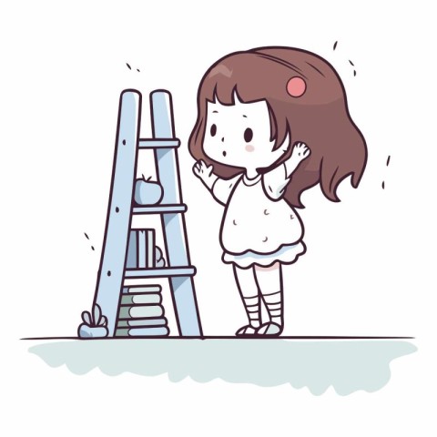 Illustration of a little girl standing next to a ladder on a whi