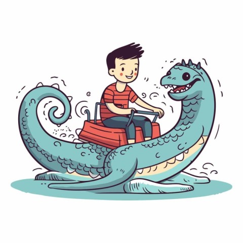 Cute boy riding a giant octopus. Cartoon vector illustration.