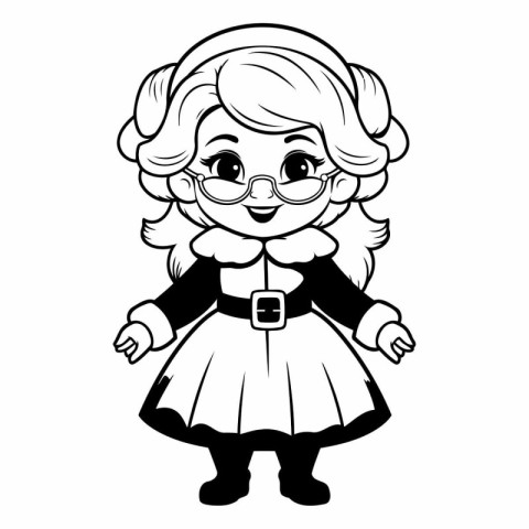 Cute Little Girl - Black and White Cartoon Illustration. Vector