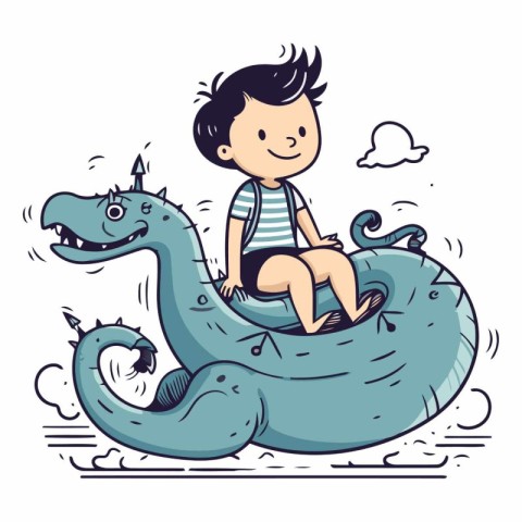 Cute little boy riding a big cartoon dragon.