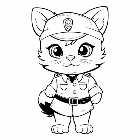 Black and White Cartoon Illustration of Cute Cat Police Officer