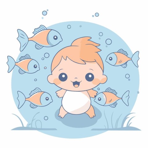 Cute baby boy in the sea with fishes.