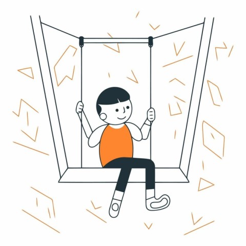 Vector illustration of a boy playing on the swing in the window.