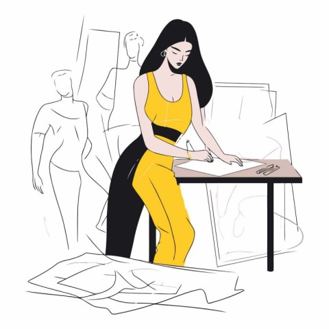 Beautiful fashion designer woman working at her desk. sketch vec