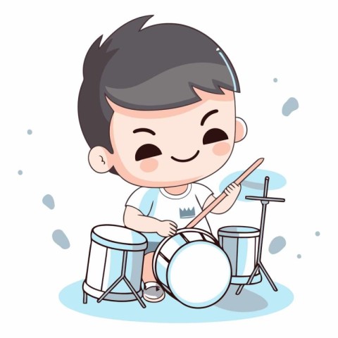 Cute little boy playing drums in cartoon style.