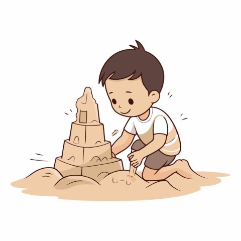 Cute little boy playing with sand and building a tower.