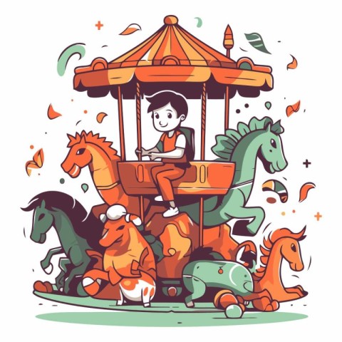 Vector illustration of a boy playing on a carousel with horses.