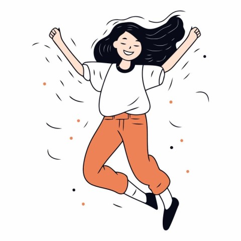 Young happy woman jumping in the air in cartoon style.