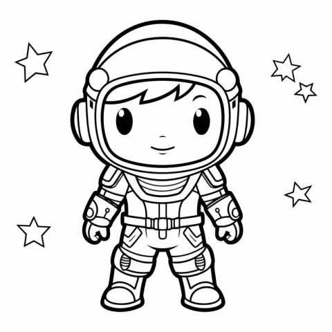 Black And White Cartoon Illustration of Astronaut Boy Character