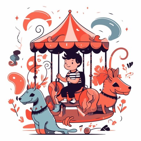 Little boy riding a carousel with a dog.